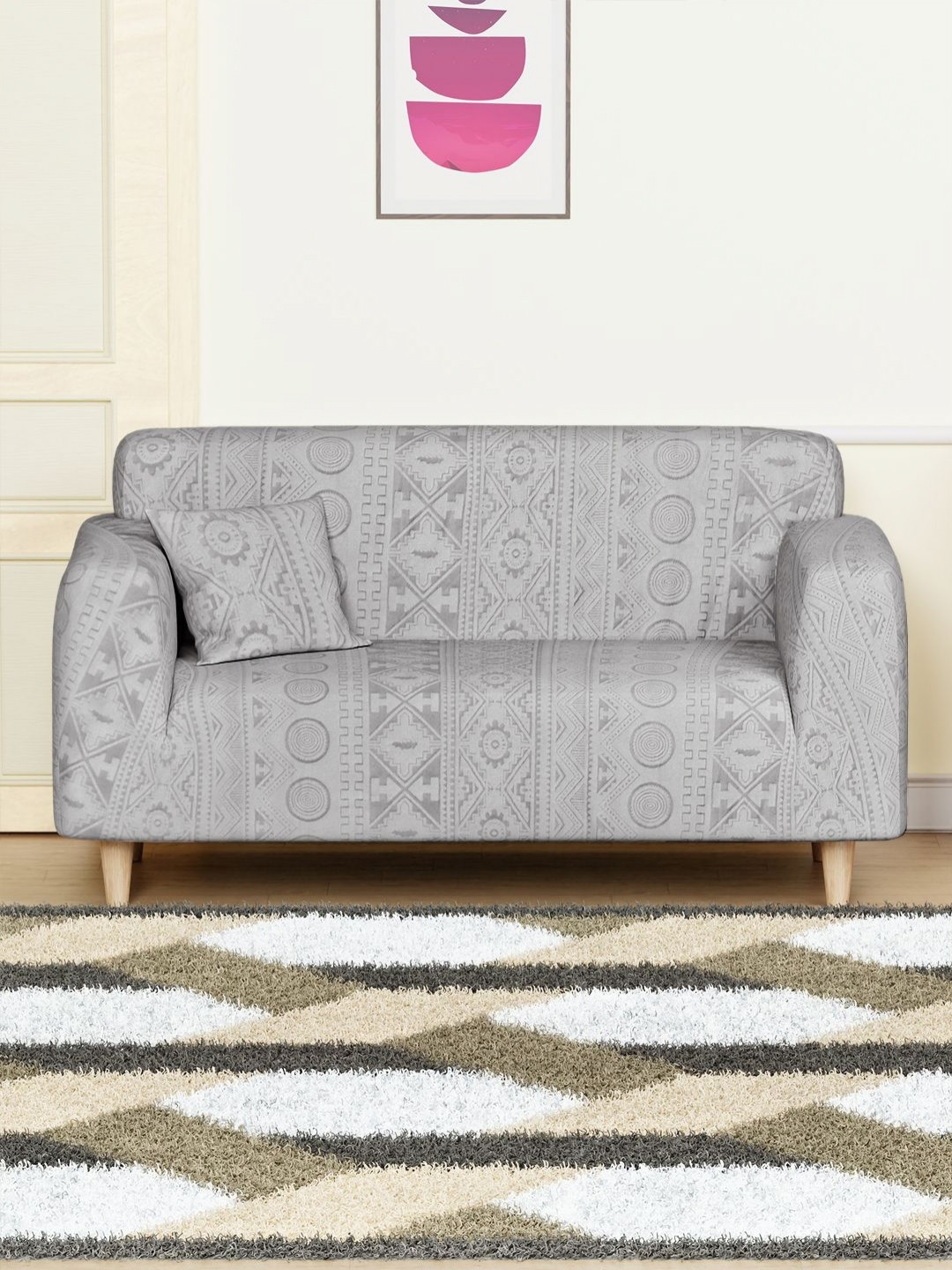 Myntra Elegant Homes Grey Printed Sofa Cover With Arms & 1 Cushion Cover