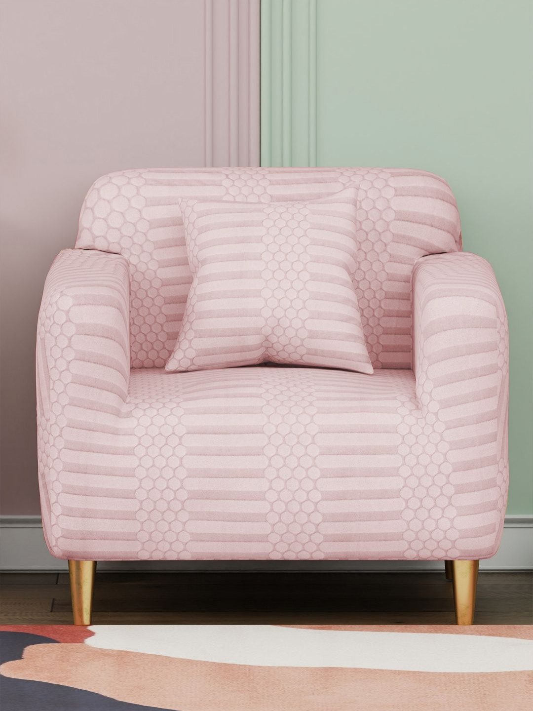 Myntra Elegant Homes Pink Dotted Stripe Pattern Jacquard Sofa Cover With Cushion Cover