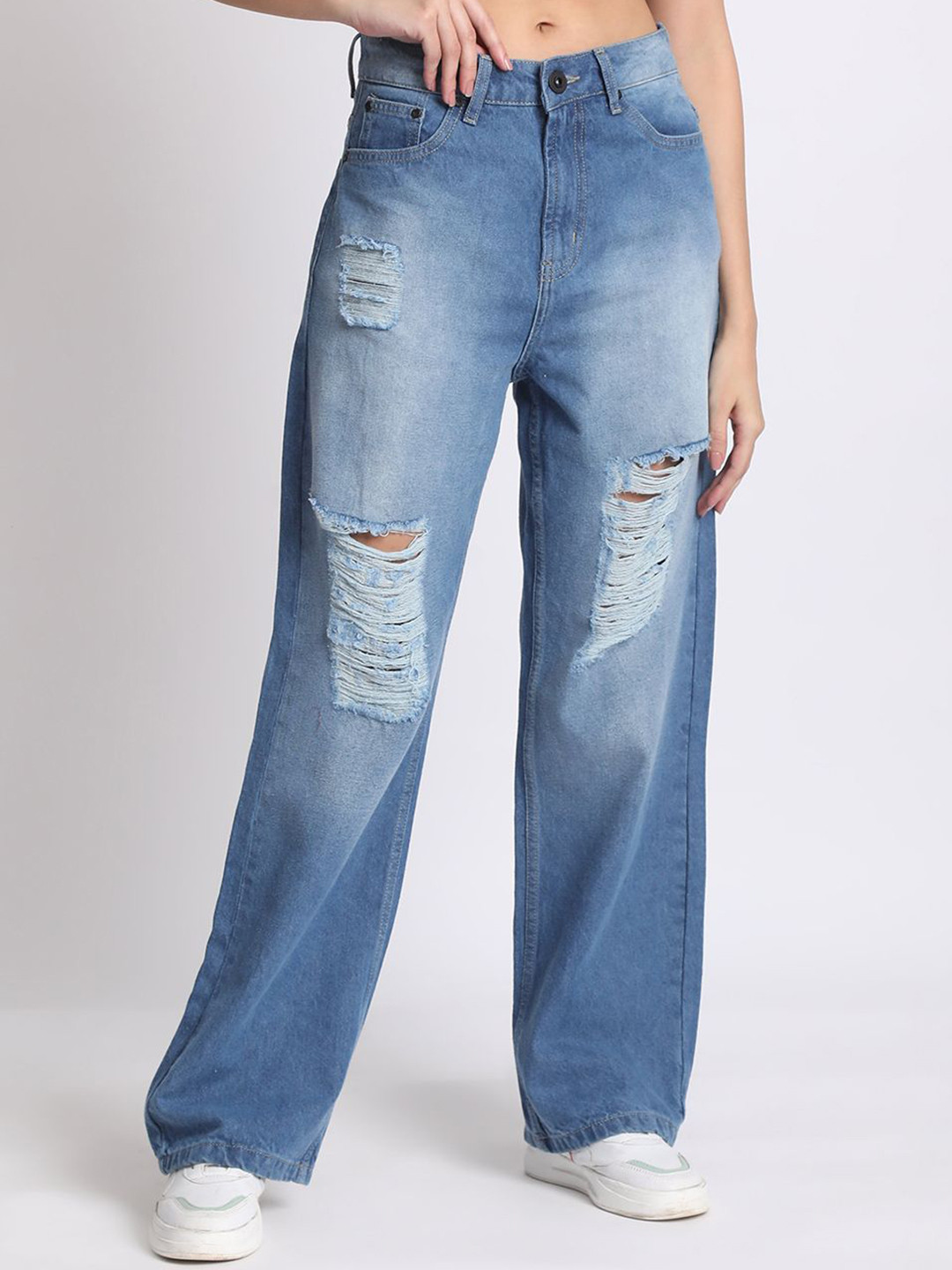 The Roadster Lifestyle Co Women Pure Cotton Distressed Light Fade Straight-Fit Jeans