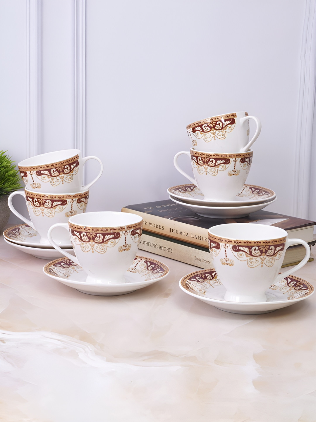 UPC Brown Ethnic Motifs Ceramic Microwave Safe 12 Piece Cups-180ml