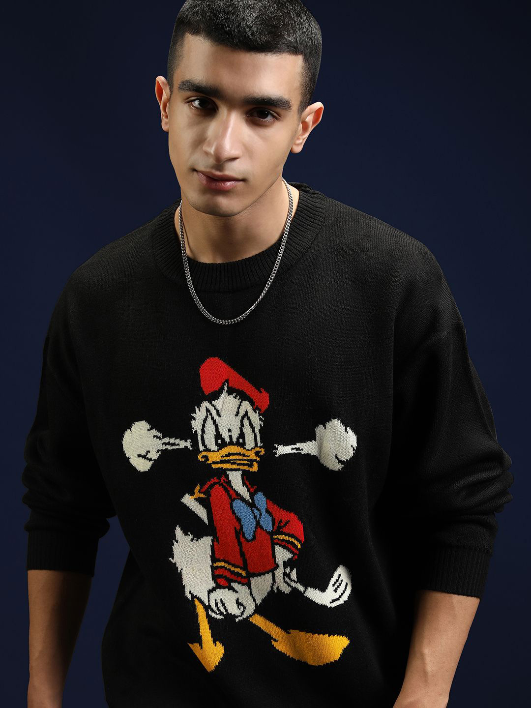 Highlander Disney Men Donald Duck  Round Neck Self Design Sweater