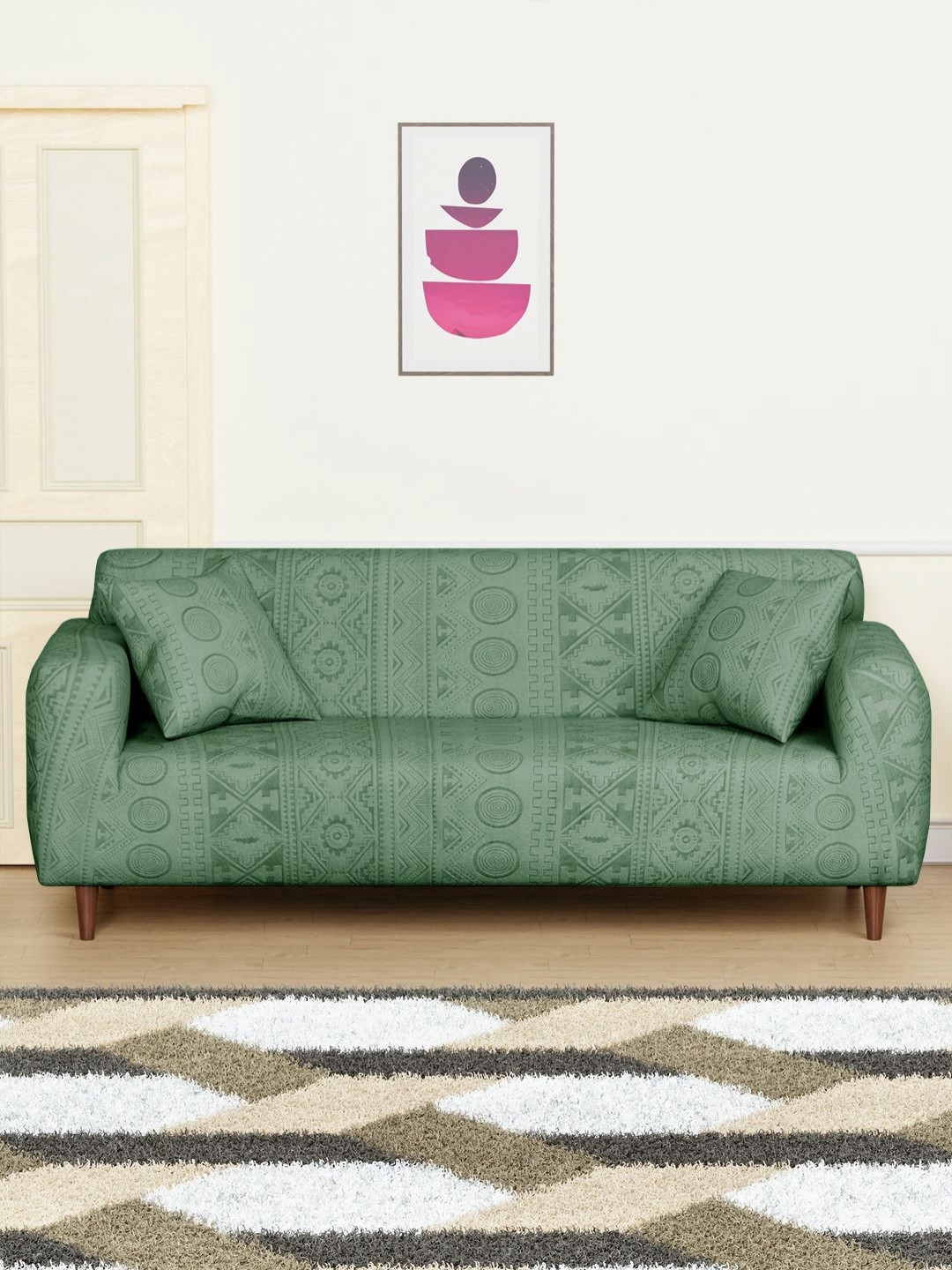 Myntra Elegant Homes Green Tribal Pattern 3 Seater Sofa Cover With 2 Cushion Covers