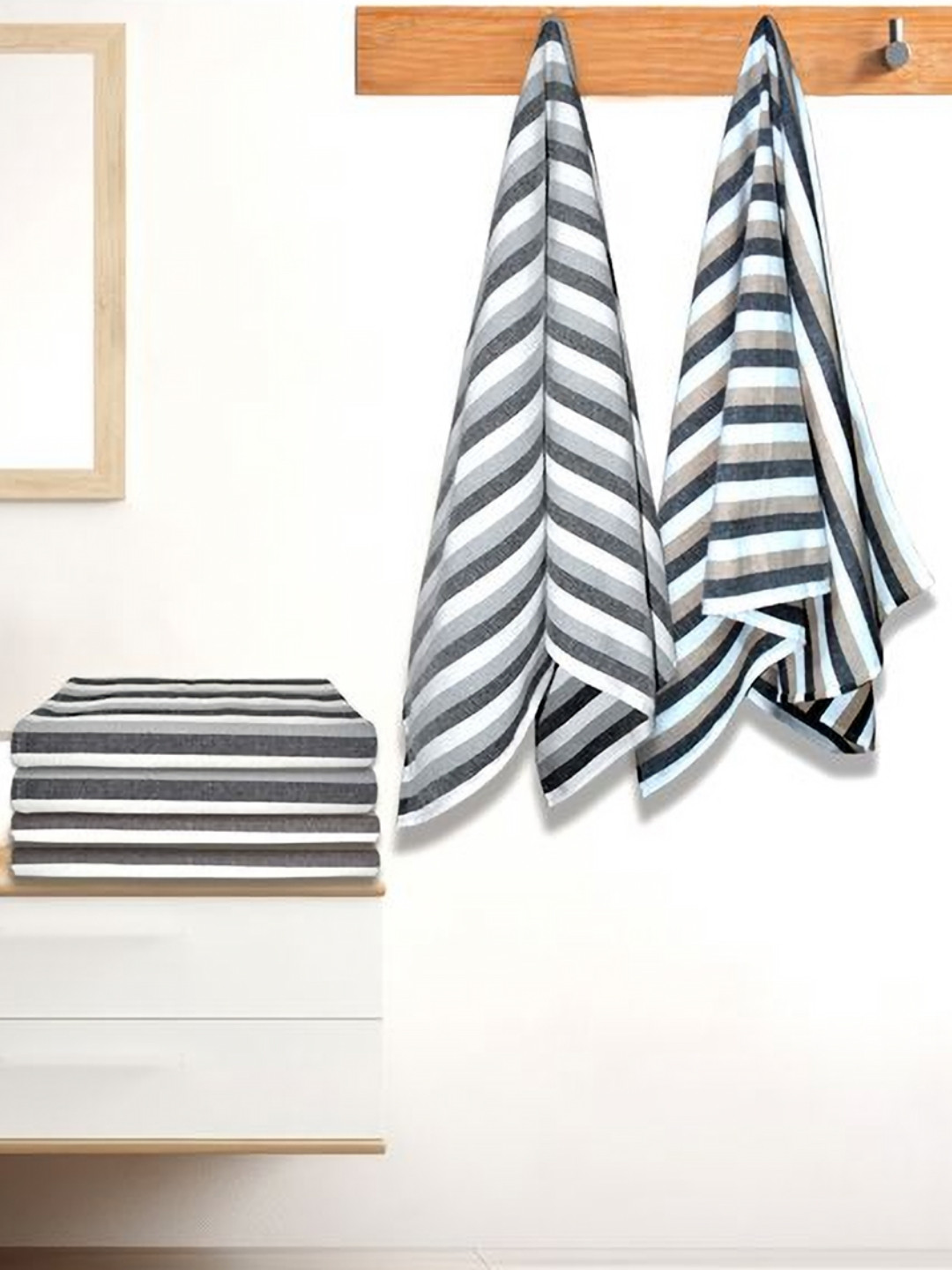 Athom Living Iris Grey & White 6 Pieces  Striped Cotton 210 GSM Bath Towels