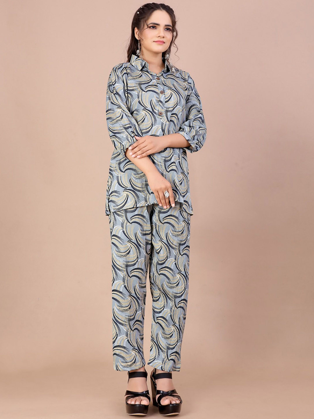 RUNAYA NX Printed Shirt Collar Top With Trouser