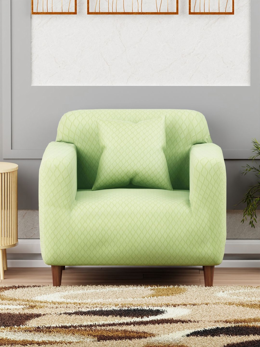 Myntra Elegant Homes Green Curved Diamond Pattern Sofa Cover With Cushion Cover