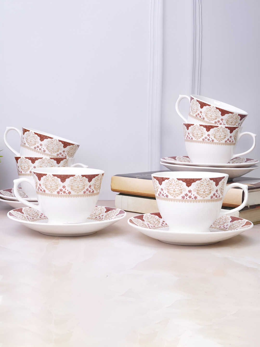 UPC Vogue Conical Brown Floral Ceramic Handmade 6 Piece Cups with 6 Saucers-180ml