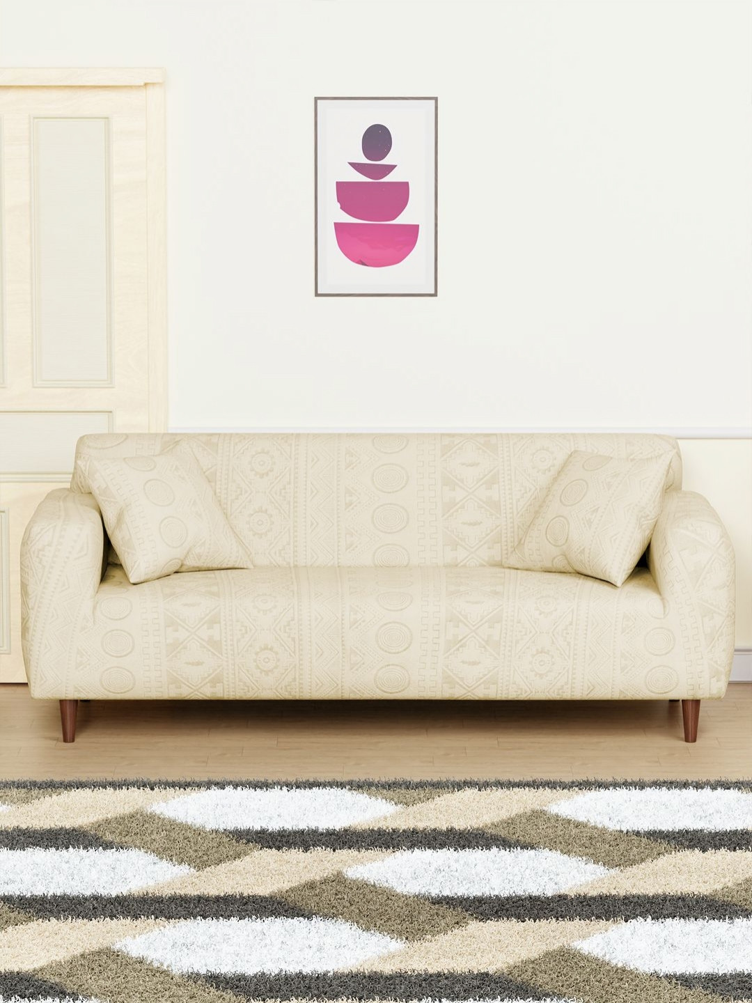 Myntra Elegant Homes Yellow Tribal Pattern Sofa Cover With 2 Cushion Covers