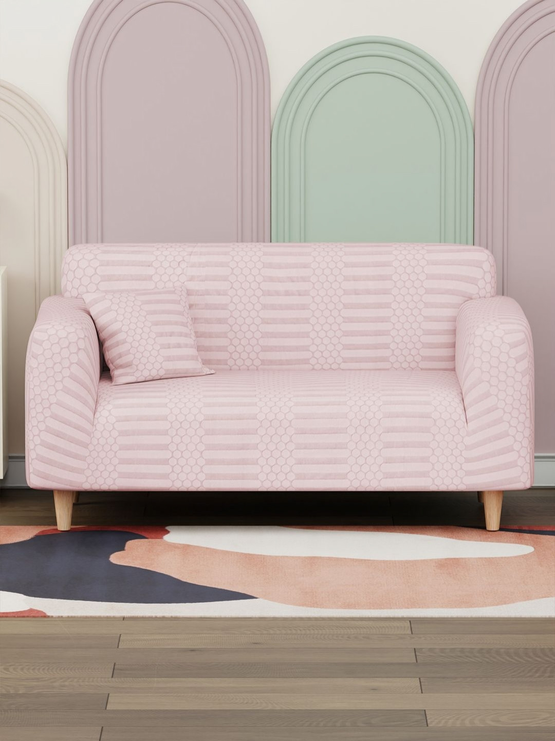 Myntra Elegant Homes Pink Dotted Stripe Sofa Cover With Cushion Cover