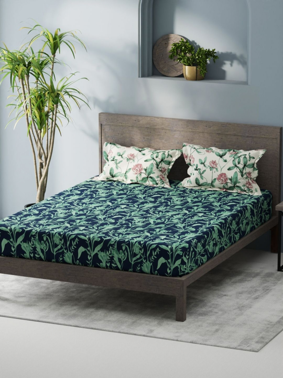 KOPA Navy Blue & Green 4 Pcs Printed Cotton Queen Comforter & Bedsheet 2 Pillow Covers