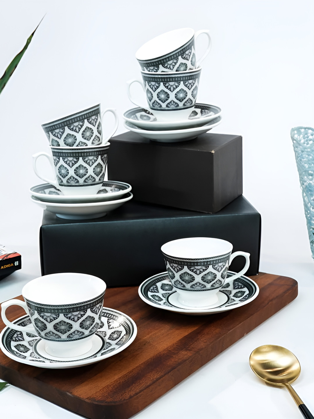 UPC Premium Mesh Design White Ethnic Motifs Ceramic Microwave Safe 12 Piece Cups-180ml