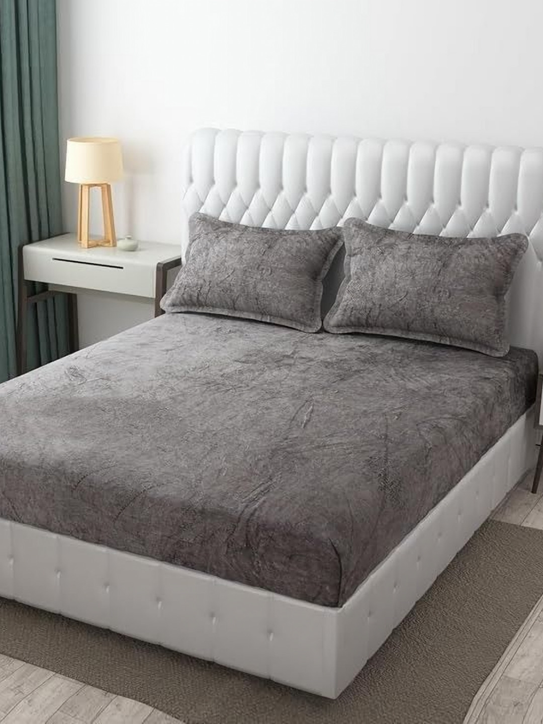 MORADO Grey Wool 260 TC Fitted Queen Fine Bedsheet with 2 Pillow Covers-72 x 78 inches