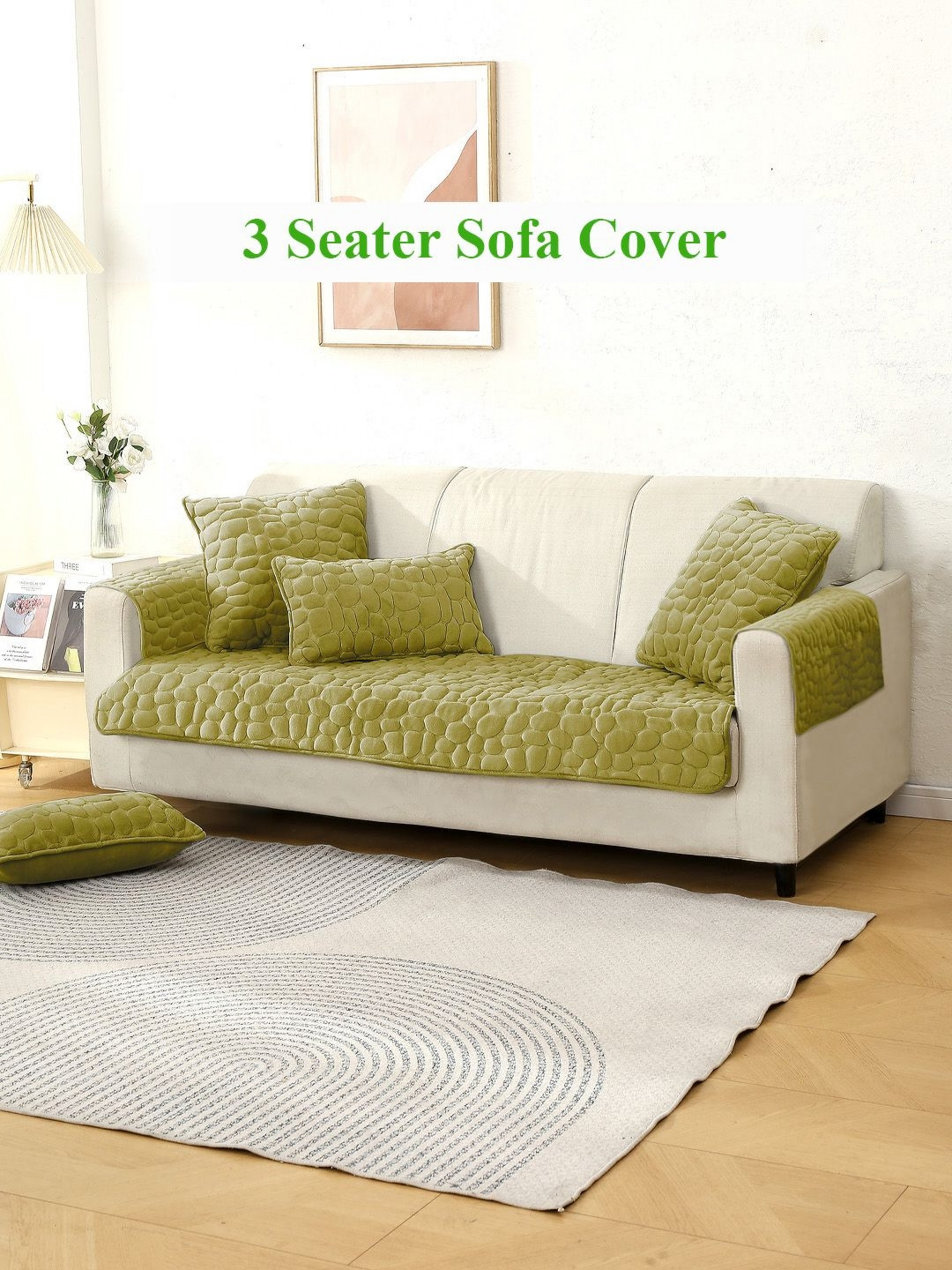 HOKIPO Green Velvet 3 Seater Sofa Seat Mat & 2 Armrest Covers