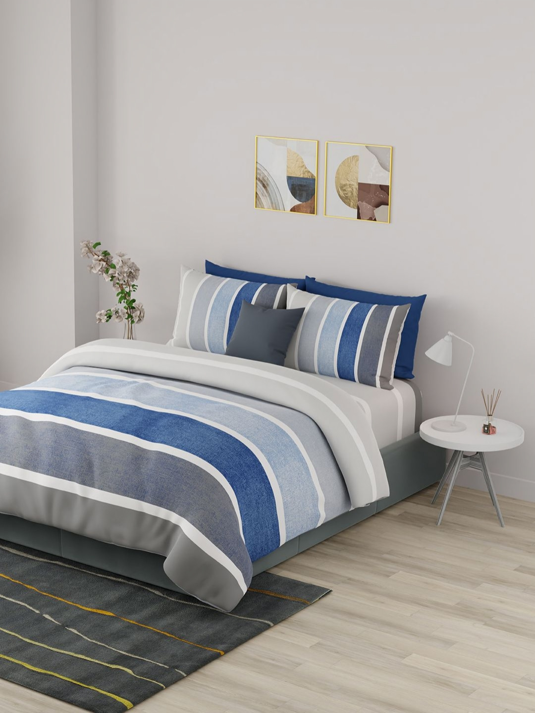 United Colors of Benetton Navy Blue & White Striped 210 TC King Bedsheet with 2 Pillow Covers