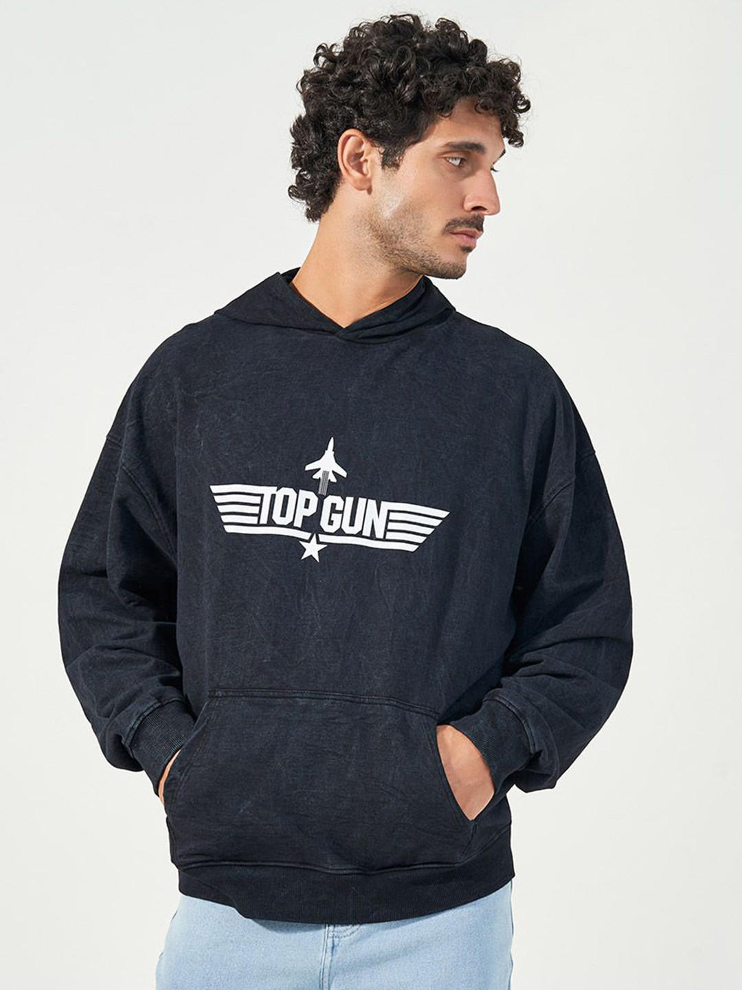 Styli Men Top Gun Graphic Printed Oversized Ribbed Hem  Casual Pullover Hoodie