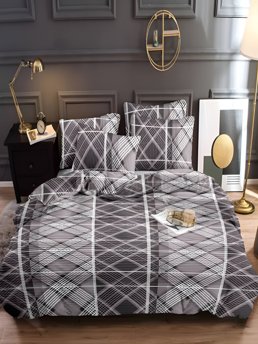 BREVARD Grey & White Printed Double Duvet Cover