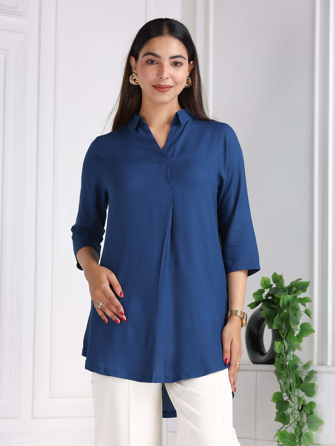 Mlada Women Shirt Collar Style Rayon Flare Top