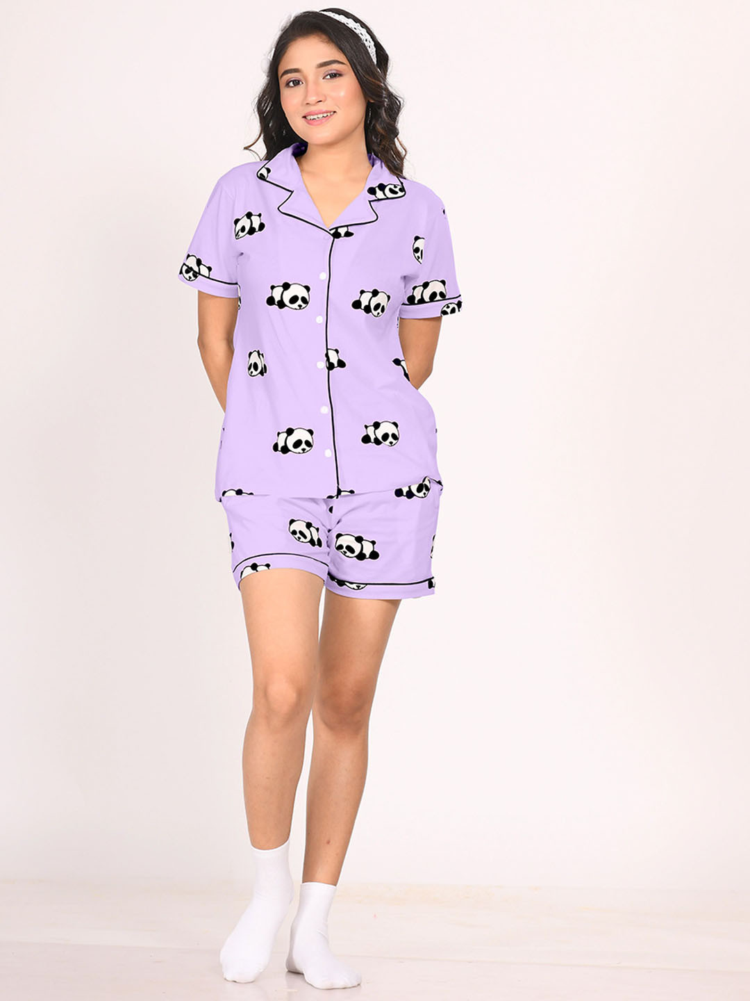 NAP STORY Purple panda Printed Half Sleeves Shirt and Shorts Nightsuit Set
