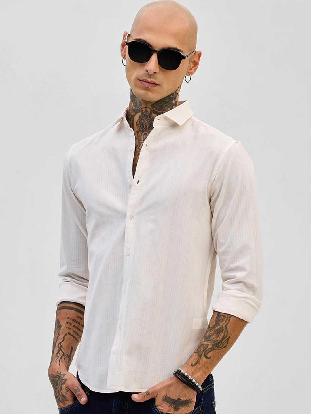 Snitch Vertical Stripes Cotton Long Sleeves Slim Fit Shirt