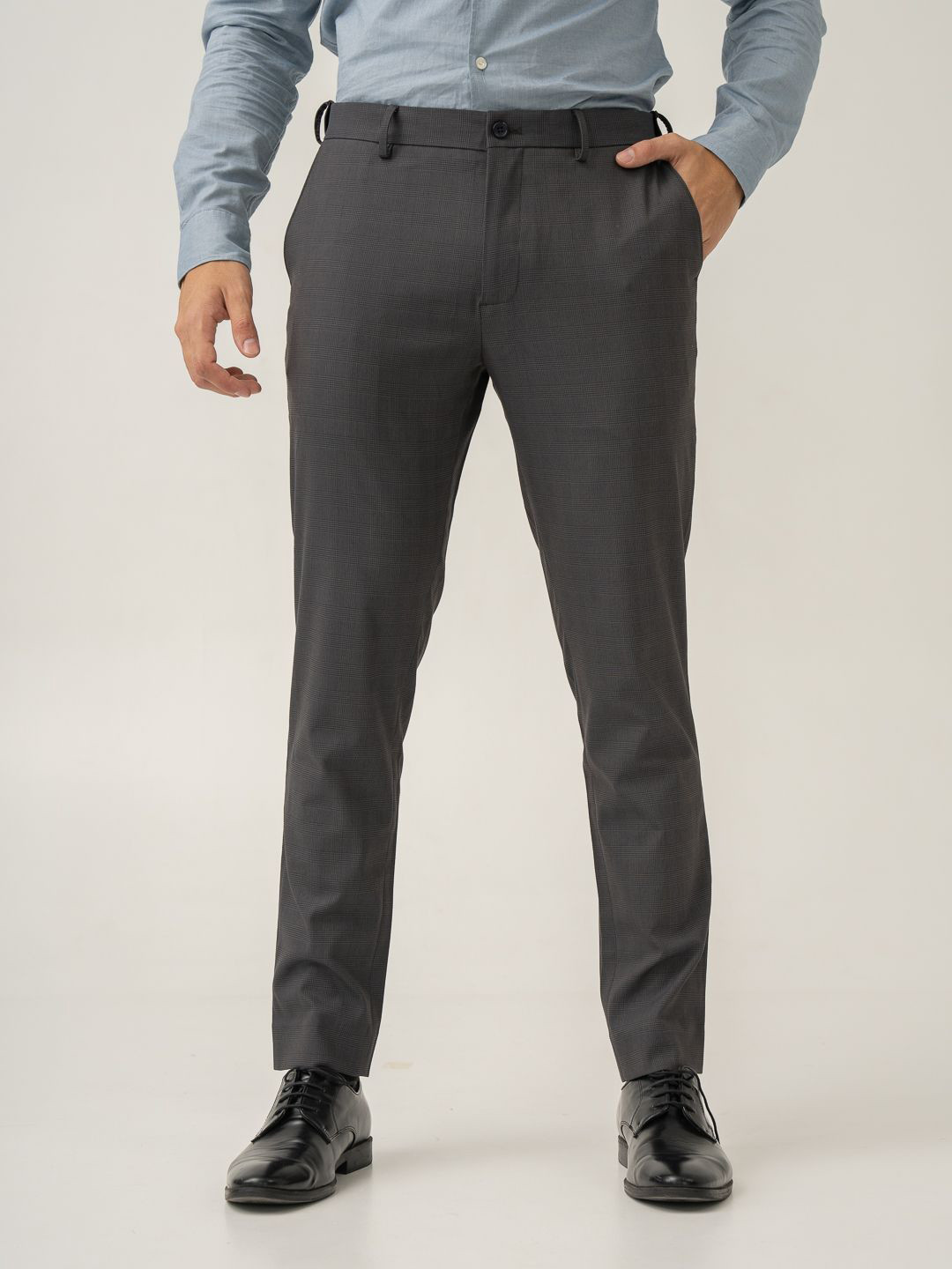 The Pant Project Men Charcoal Checks Slim Fit Wrinkle-Resistant Formal Trousers with Stretchable Waistband