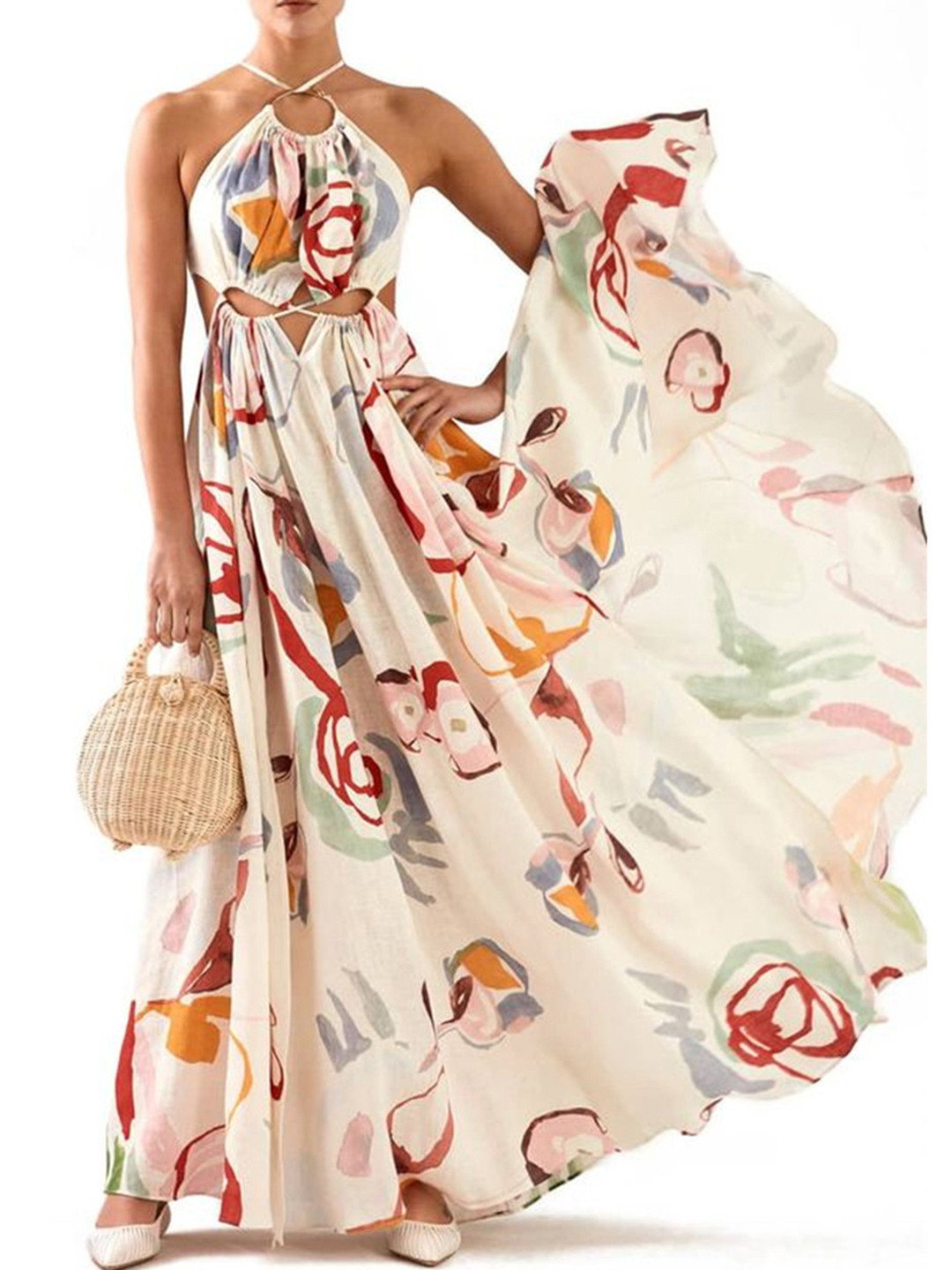 bebe Abstract Print Cut Out Halter Neck Maxi Dress