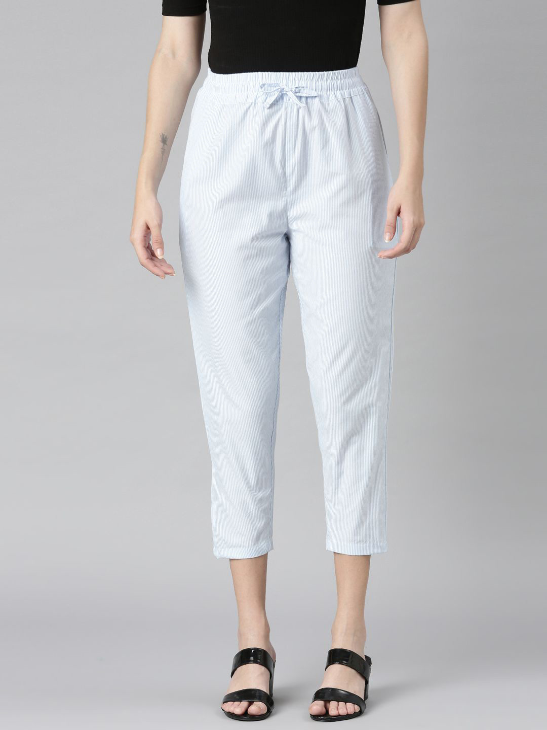 TWIN BIRDS Women Striped Straight Fit Cotton High Ankle Trouser