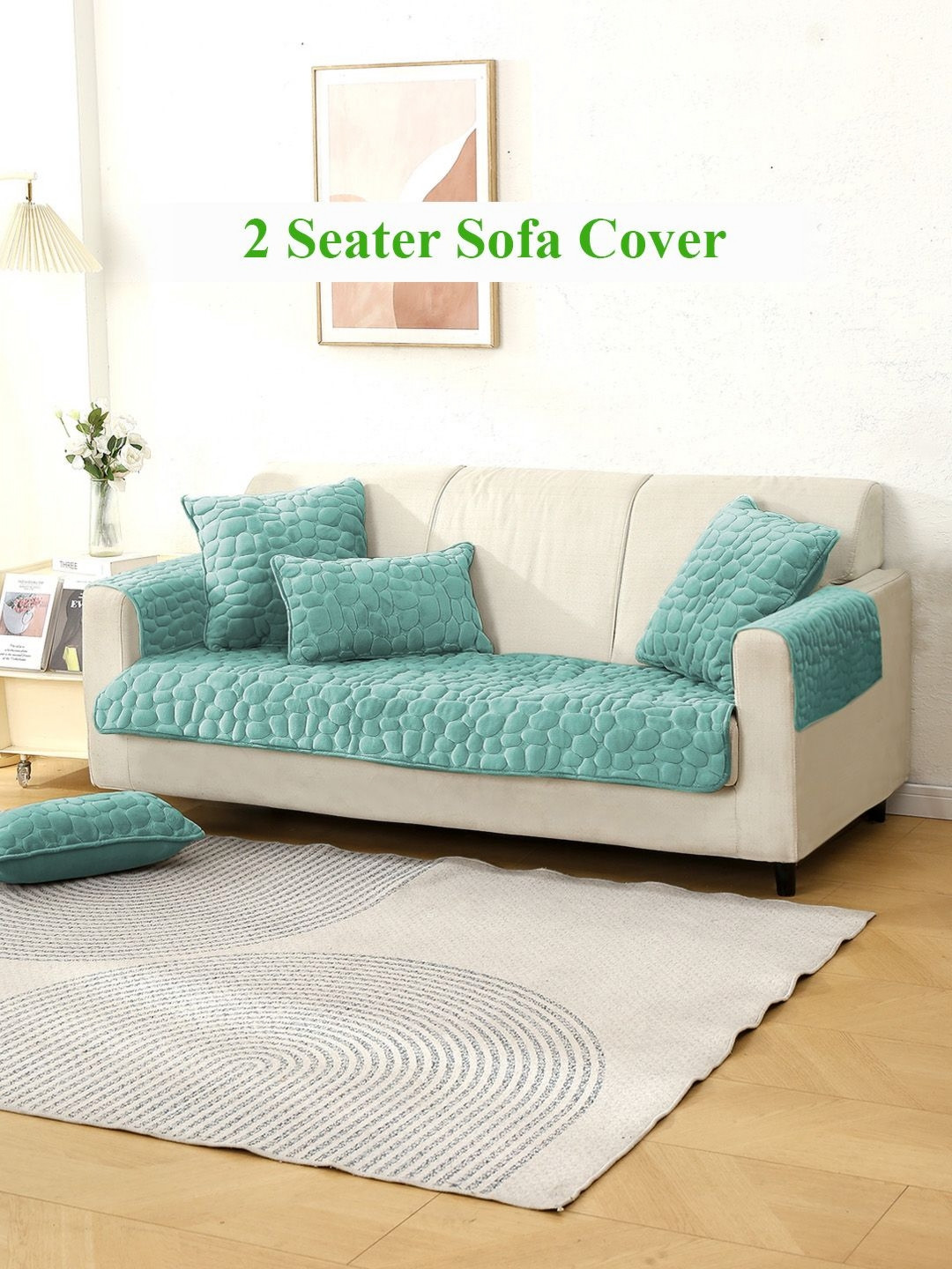 HOKIPO Blue Velvet 2 Seater Sofa Seat Mat & 2 Armrest Covers