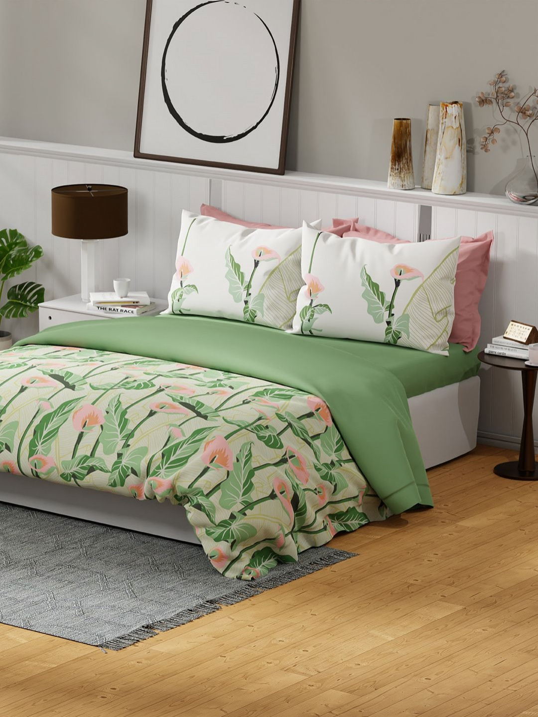 United Colors of Benetton Green & Pink Floral 144 TC Queen Bedsheet with 2 Pillow Covers