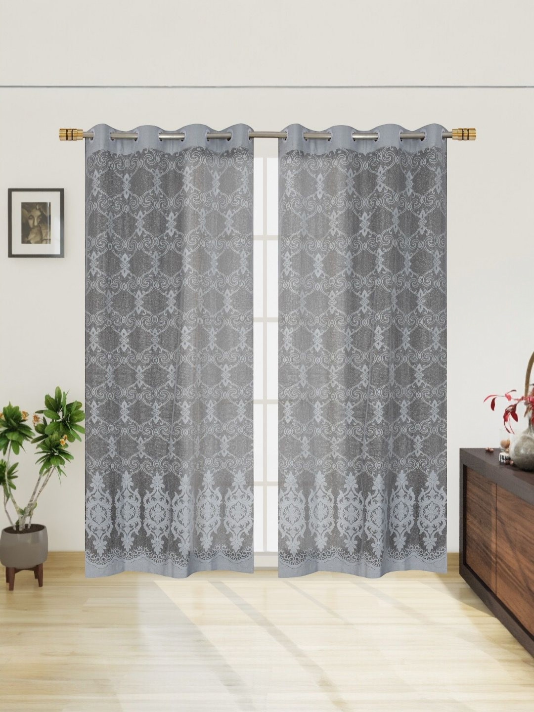 BIGGER FISH Grey Set of 2 Sheer Long Door Curtain