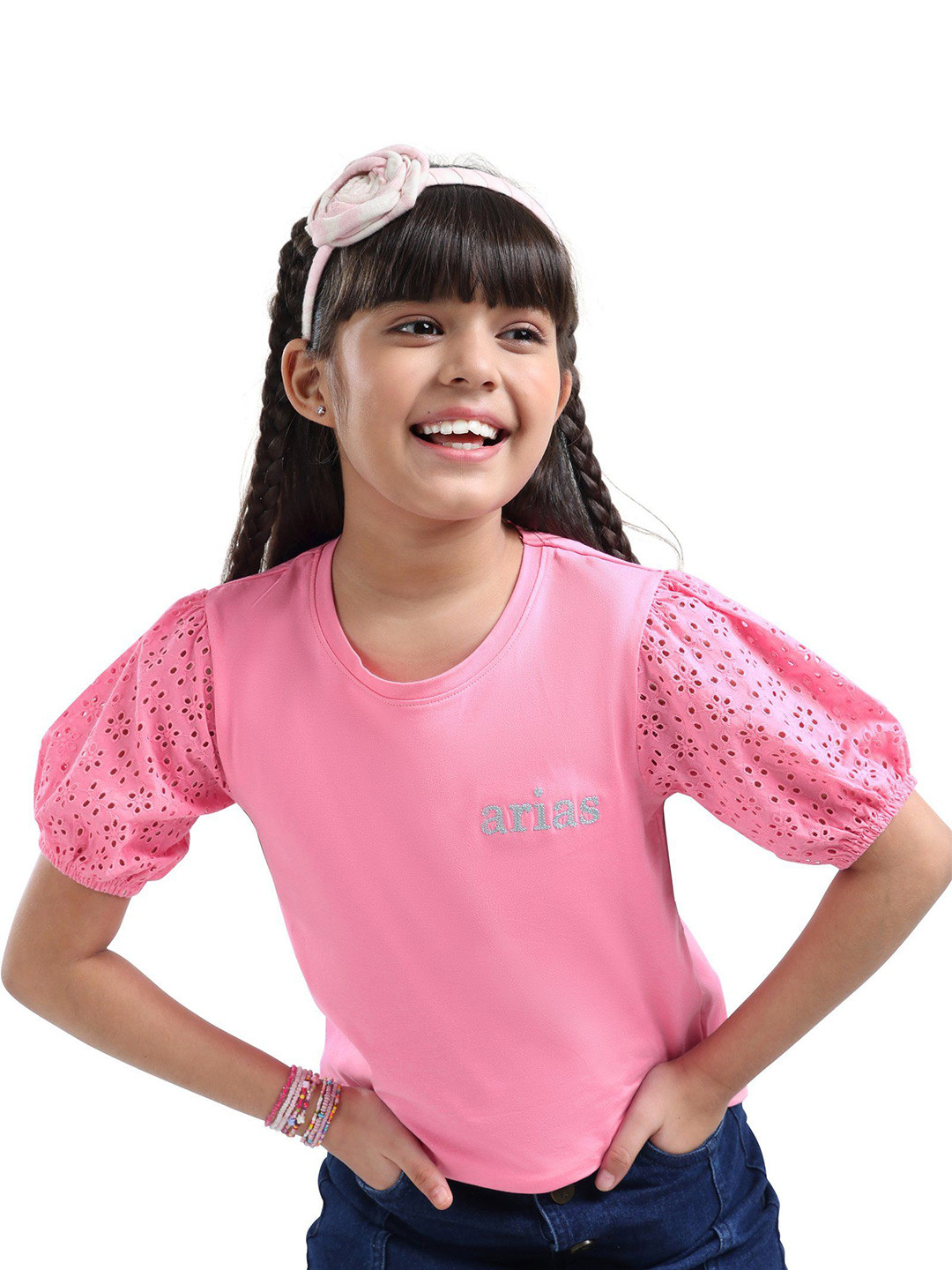 ARIAS By LARA DUTTA Girls Embroidered Puff Sleeves Top