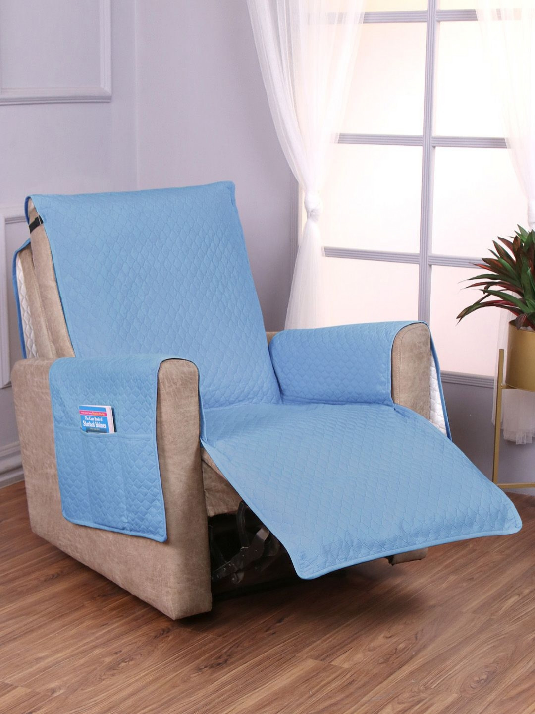 HOKIPO Blue Polyester Recliner Sofa Cover With Arms