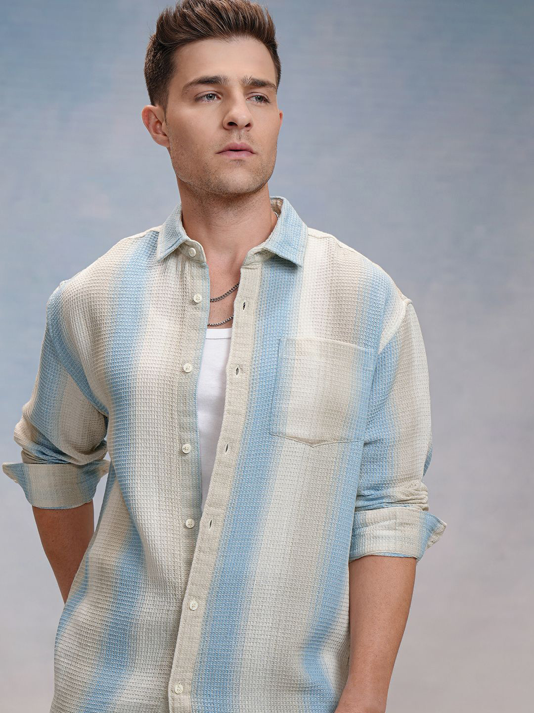 Locomotive Premium Men Off White & Blue Waffle Dobby Striped Cuban Collar Oversized Shirt