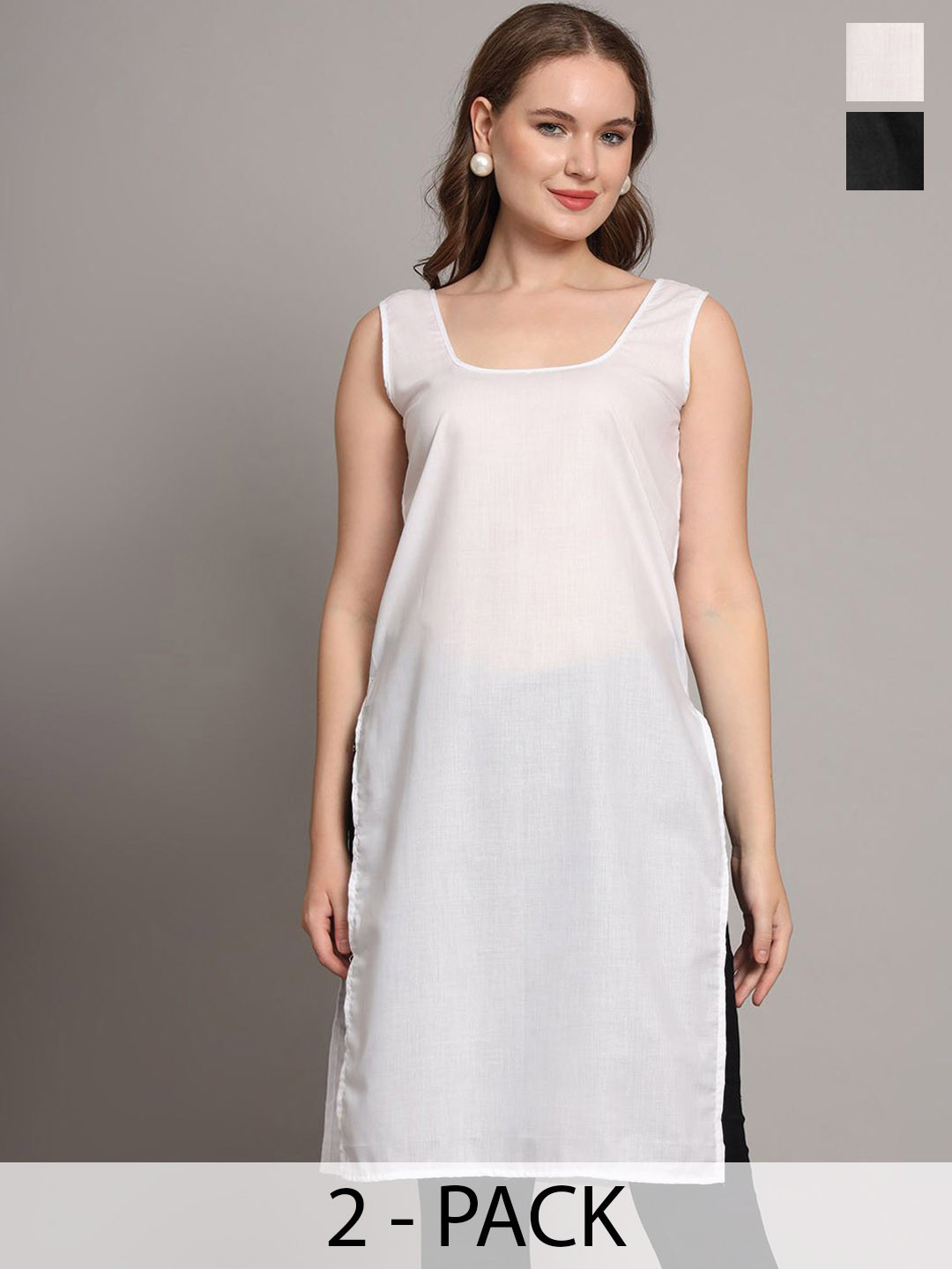 The Chikan Label Pack Of 2 Scoop Neck Cotton Longline Side Slits Slips