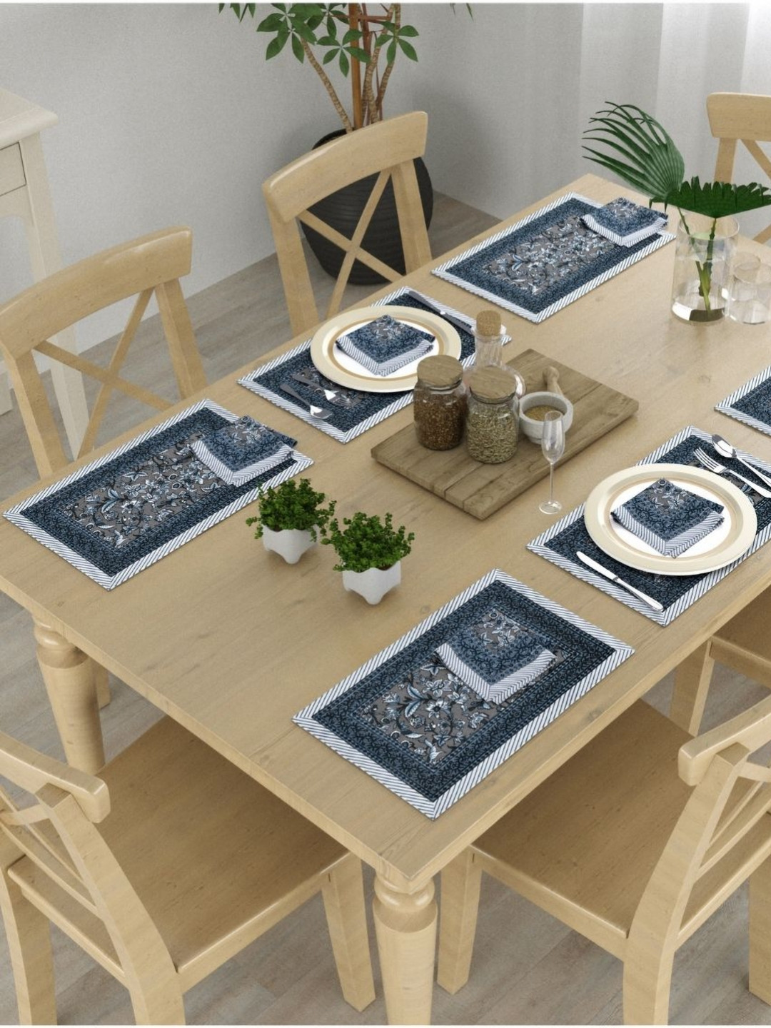 The Craft Monk 12Pcs Grey & White Floral Printed Cotton Table Placemats & Napkins