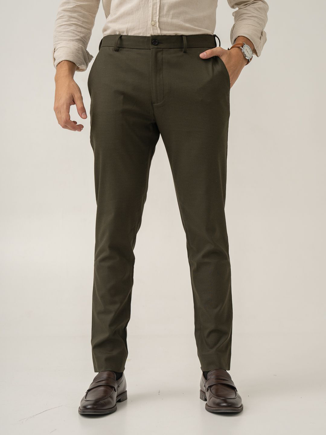 The Pant Project Men Moss Green Micro Checks Slim Fit Wrinkle-Resistant Formal Trousers with Stretchable Waistband