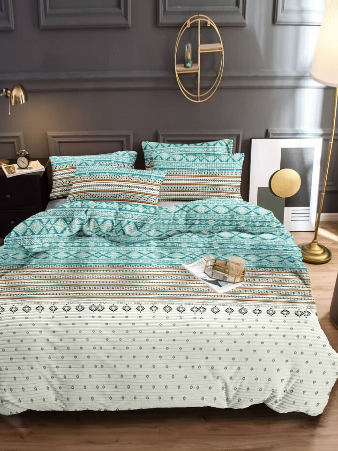 BREVARD Sea Green Geometric Wool 260 TC Fitted Queen Superfine Bedsheet with 2 Pillow Covers-183 x 198 x 20 cm