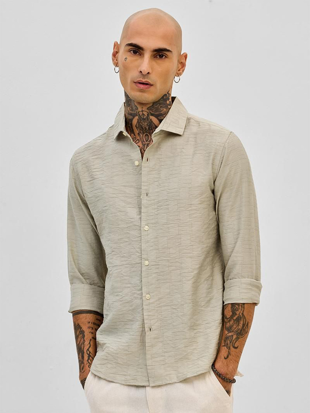 Snitch Self Design Viscose Rayon Long Sleeves Slim Fit Shirt