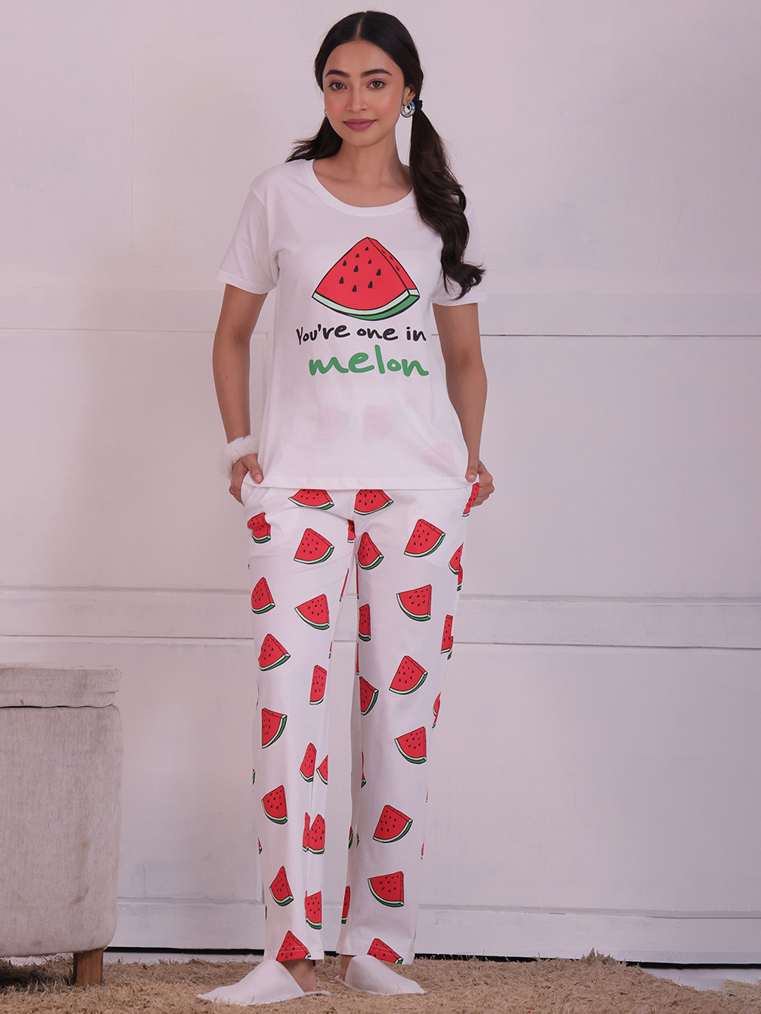 NAP STORY Watermelon Printed Half Sleeves T-Shirt and Pyjama Nightsuit Set