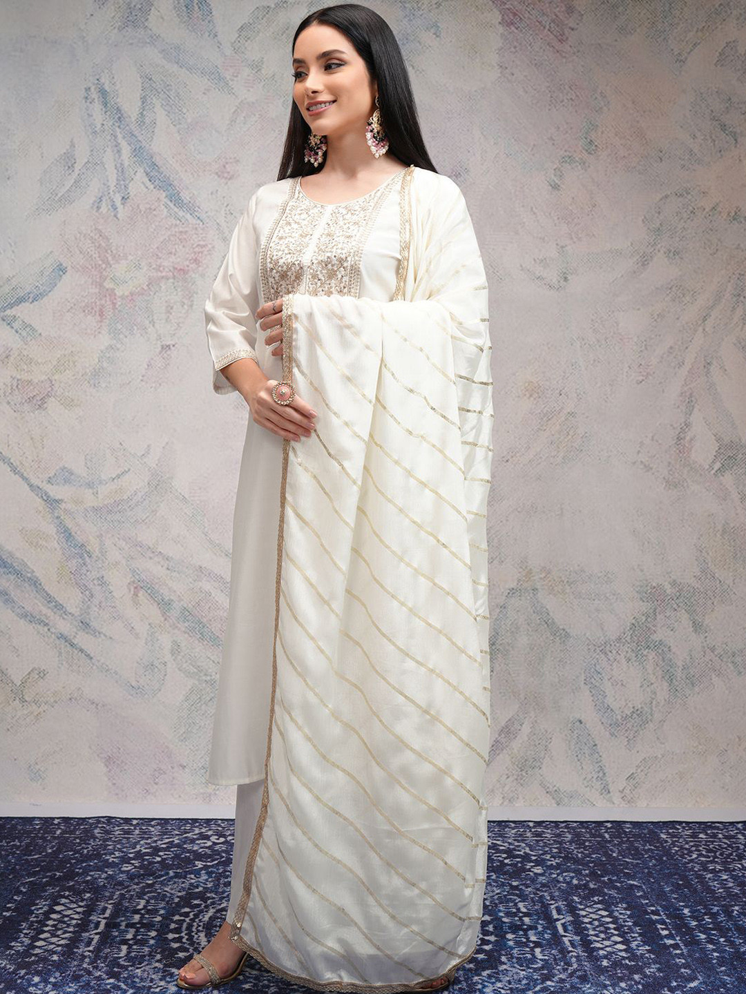 Vishudh Women Embroidered Regular Thread Work Kurta with Palazzos & With Dupatta