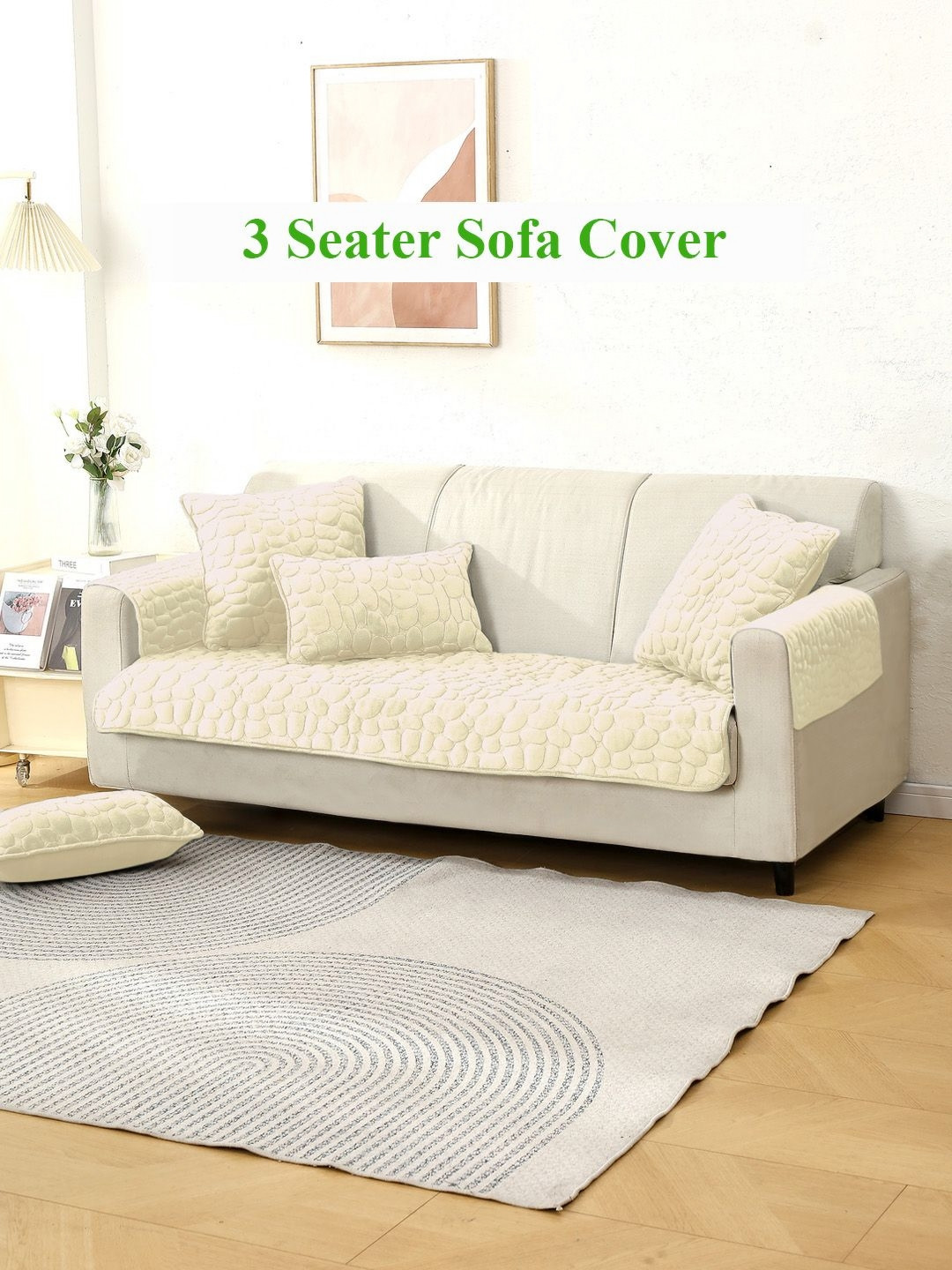 HOKIPO White Milk Velvet Anti Slip 3 Seater Sofa Mat with 2 Armrest Cover
