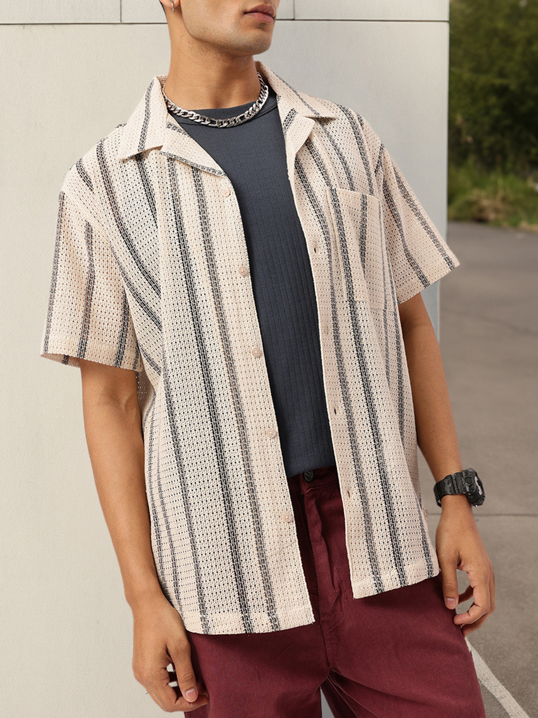 Kook N Keech Open-Knit Striped Relaxed Fit Shirt