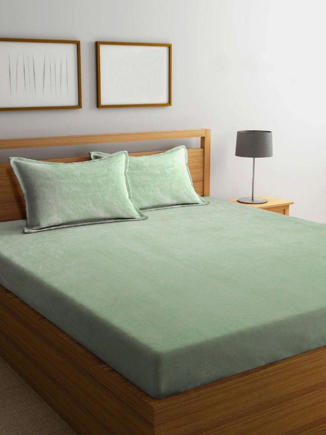 BREVARD Sea Green Solid Wool 260 TC Fitted Queen Superfine Bedsheet with 2 Pillow Covers-182 x 198 x 8 cm