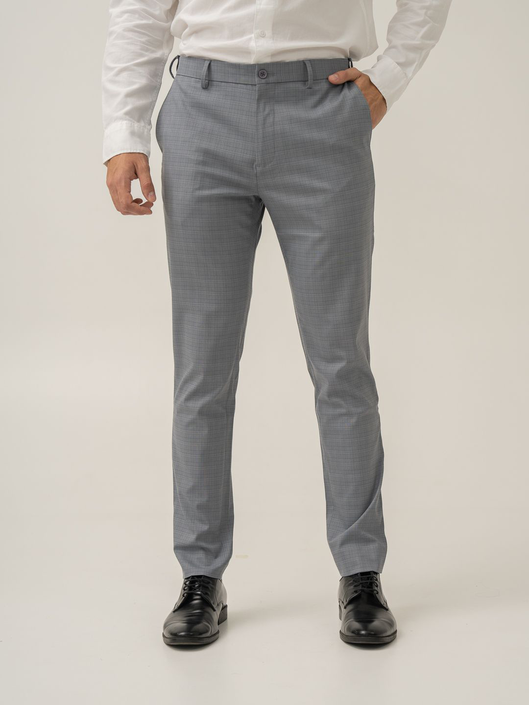 The Pant Project Men Passport Blue Checks Slim Fit Wrinkle-Resistant Formal Trousers with Stretchable Waistband