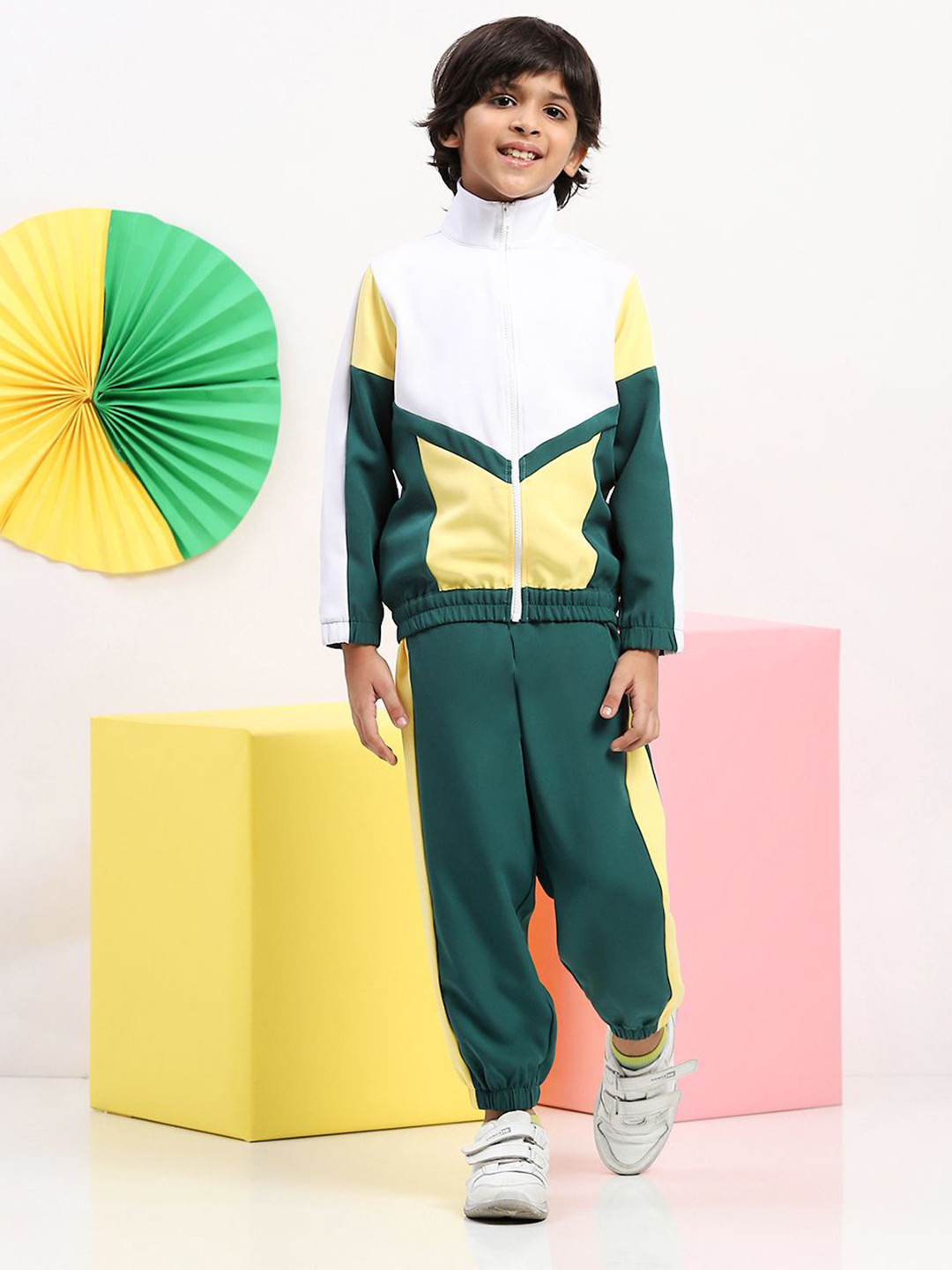 SPUNKIES Boys Colorblocked High Neck Pure Cotton Tracksuit Set.