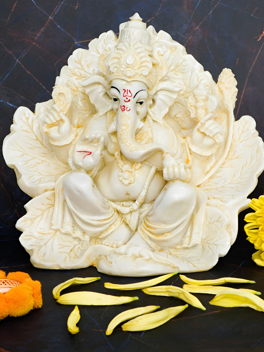 Lupaava Little Ganesh White Polyresin Glossy Prayer Room Hand-Crafted Medium Showpiece - 9.8 Inches