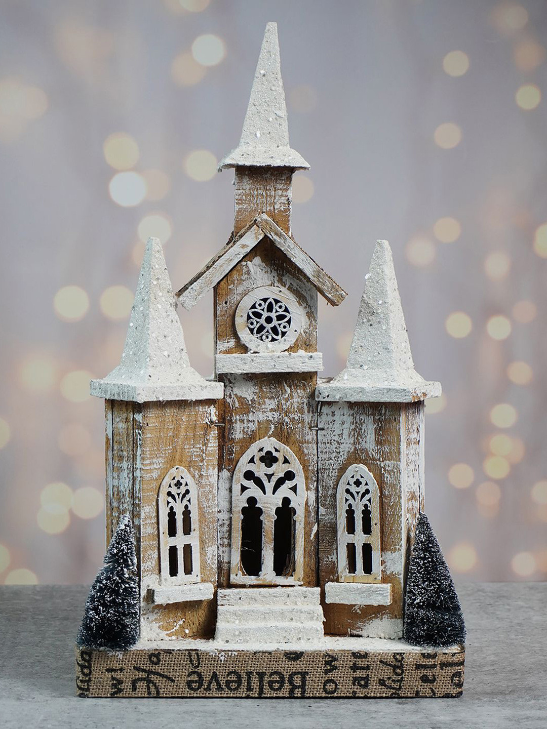 Little Surprise Box LLP Brown & White Snow Dusted Wooden Church Christmas Table Decor
