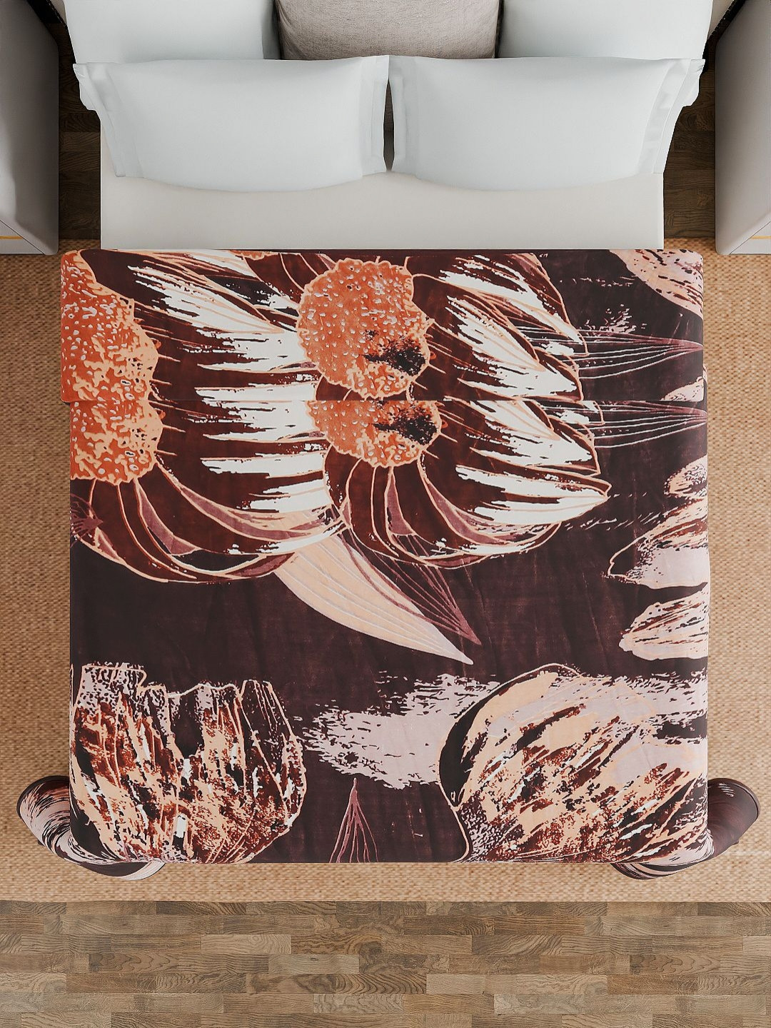 Aura Orange & Brown Floral Mink Heavy Winter Double Bed Blanket