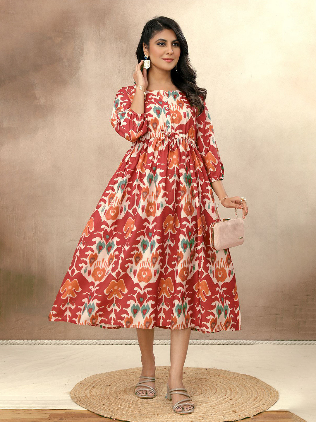 COLORCART Women Cotton Ethnic Motifs Printed A-Line Midi Dress