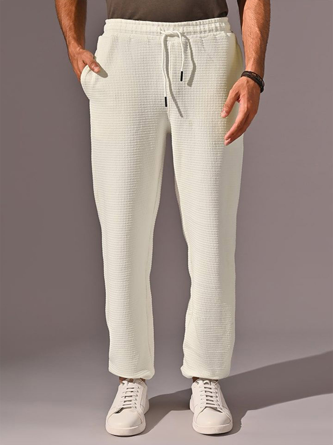 KINGDOM OF WHITE Textured Waffle Knitted Off White Joggers