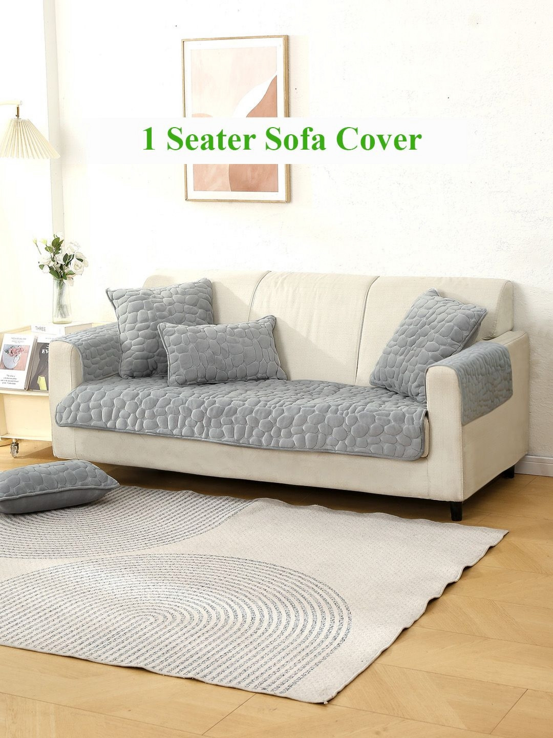 HOKIPO Grey Velvet 1 Seater Sofa Seat Mat & 2 Armrest Covers