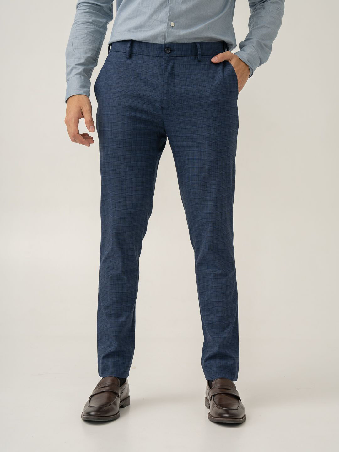 The Pant Project Men Passport Blue Checks Slim Fit Wrinkle-Resistant Formal Trousers with Stretchable Waistband